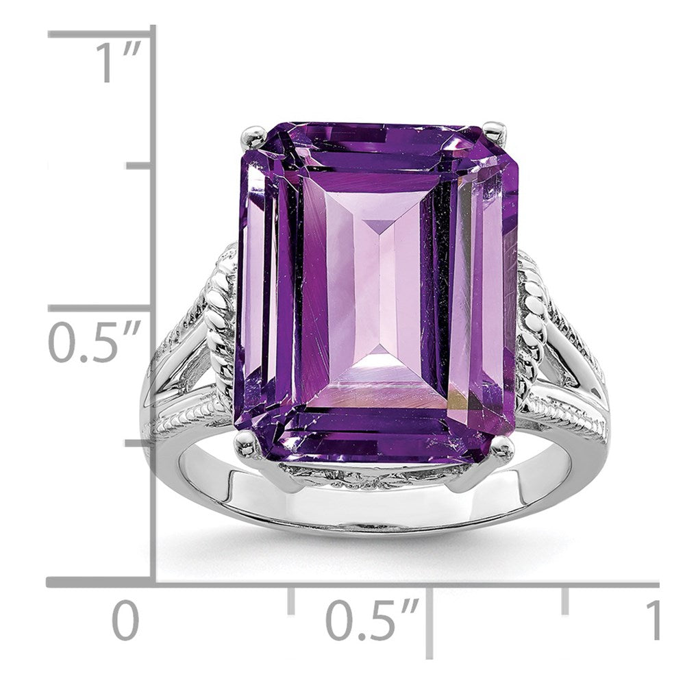 Sterling Silver Rhodium-plated Octagonal Checker-Cut Amethyst Ring