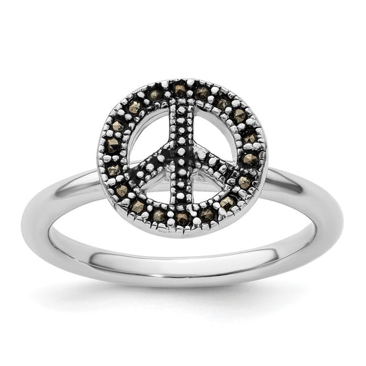Sterling Silver Stackable Expressions Marcasite Peace Sign Ring Size -6