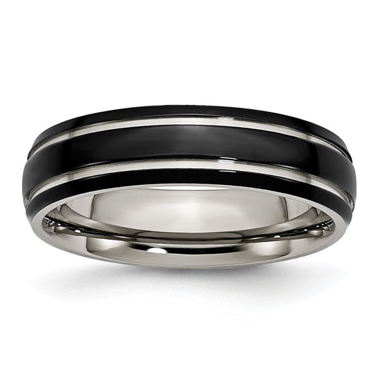 Titanium Polished Black IP-plated 6mm Grooved Band Size - 7