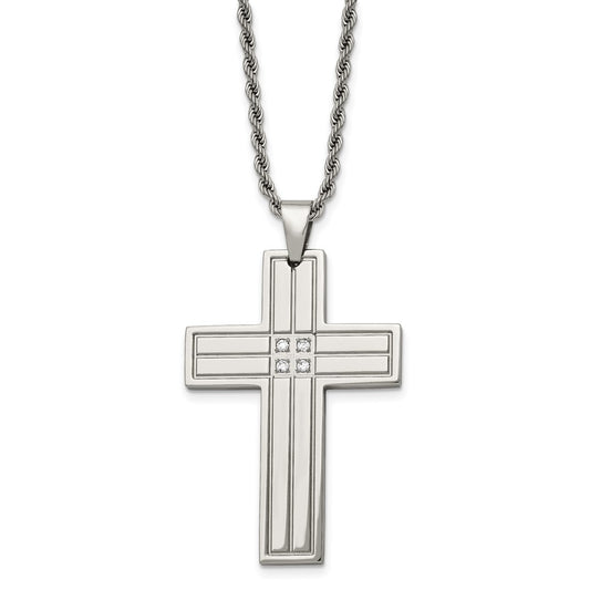Stainless Steel Polished w/CZ Cross 24in Necklace