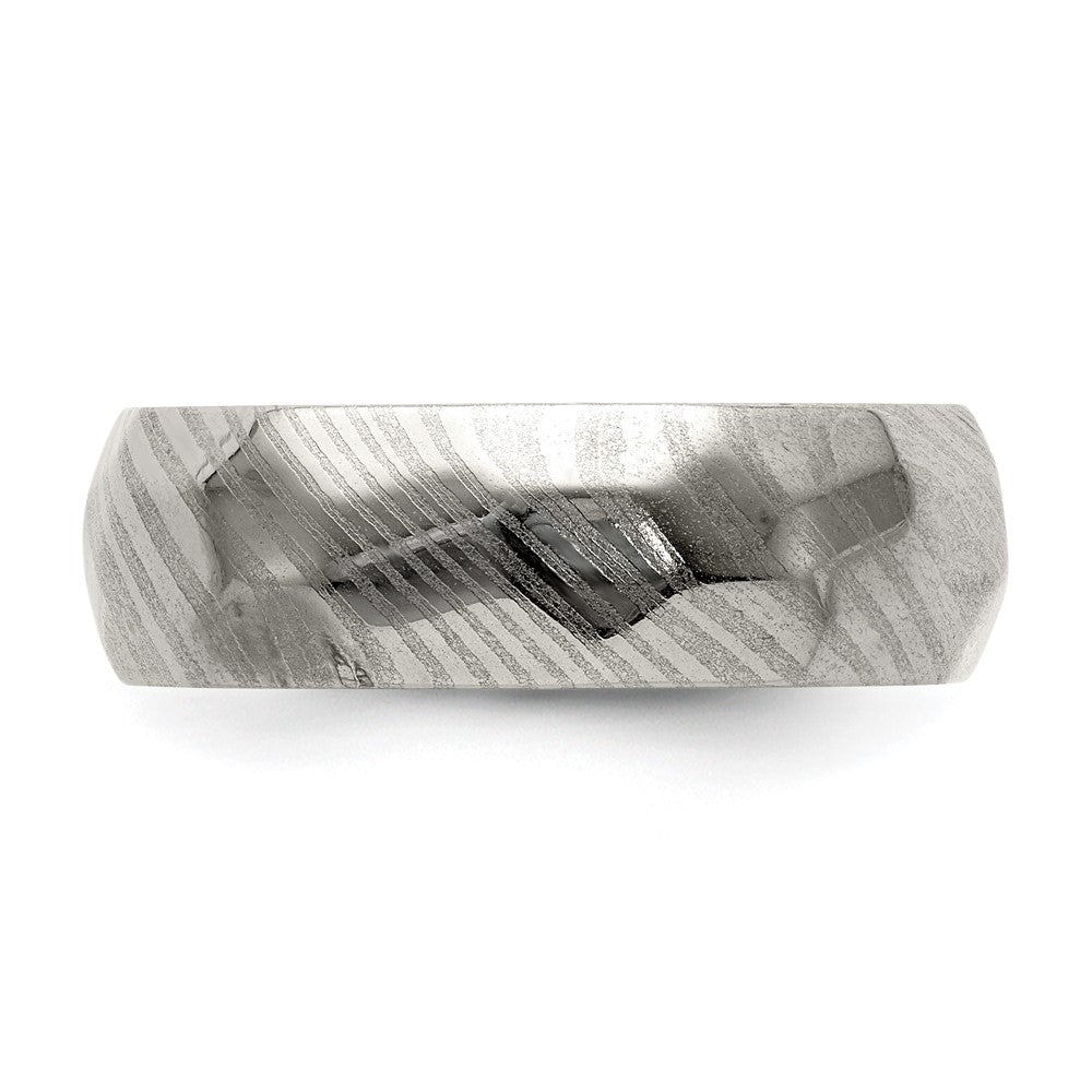 Damascus Steel Polished Faceted 7mm Band Size - 12.5