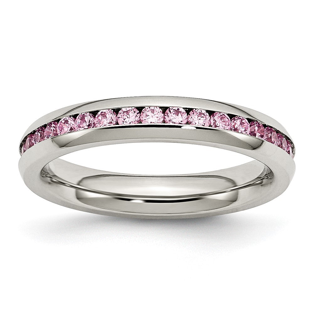 Stainless Steel Polished 4mm October Pink CZ Ring Size - 6
