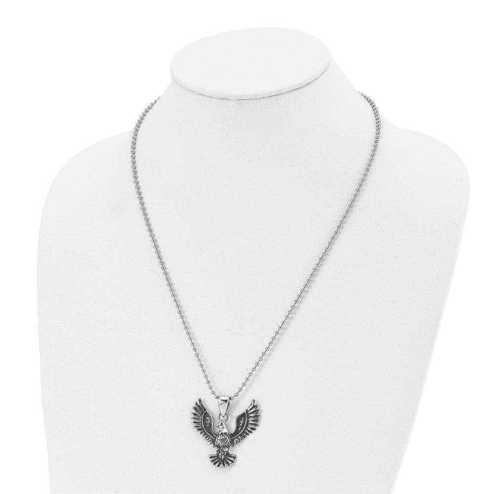 Stainless Steel Antiqued and Polished Screaming Eagle 22in Necklace