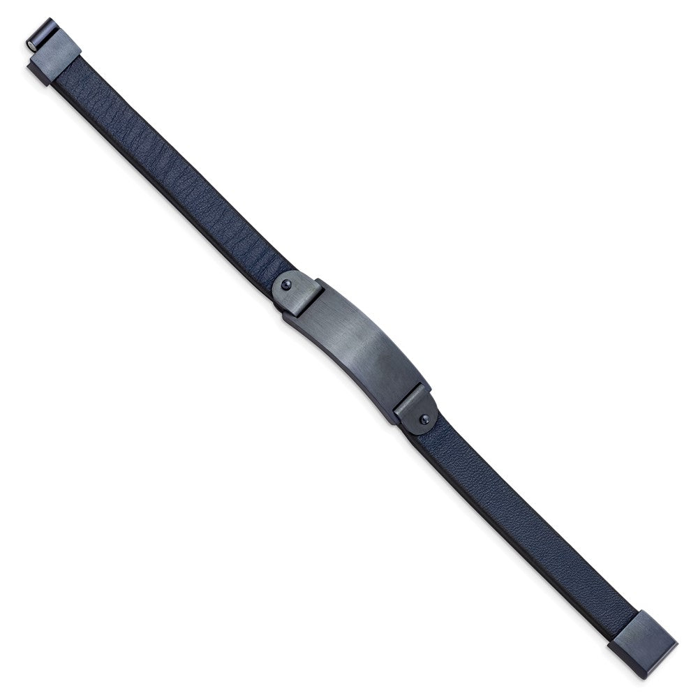 Stainless Steel Brushed Dark Grey IP-plated Blue Leather 8.5in ID Bracelet 8.5 inches