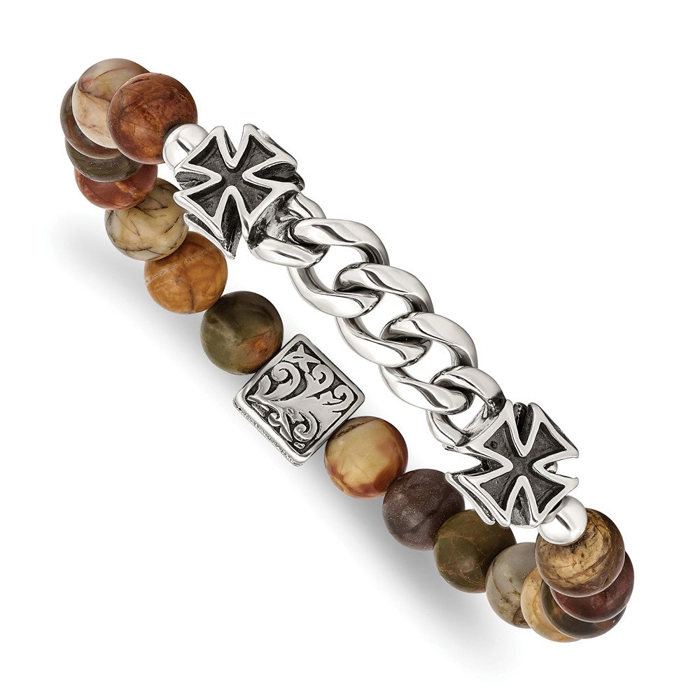 Stainless Steel Antiqued & Polished Natural Turquoise Cross Stretch Bracele