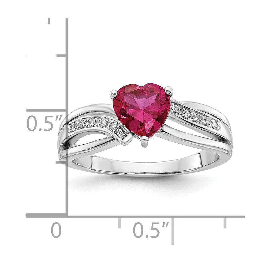 Sterling Silver Polished Diamond and Created Ruby Heart Ring