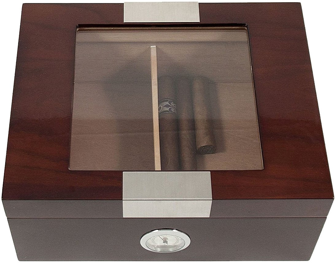 Bey-Berk International C411 Lacquered Cigar Humidor with Spanish Cedar Lining & Glass See-thru Lid - Walnut Wood