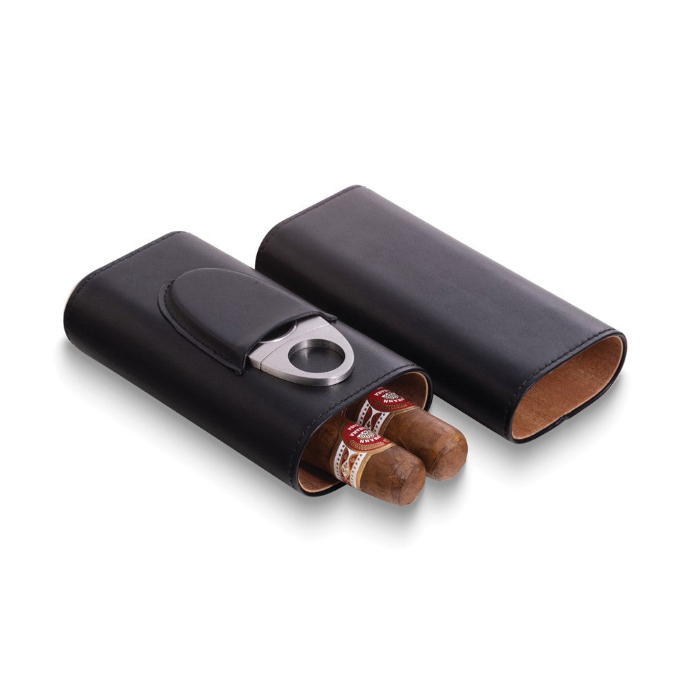 Black Leather Three Cigar Holder with Stainless Steel Cutter Set
