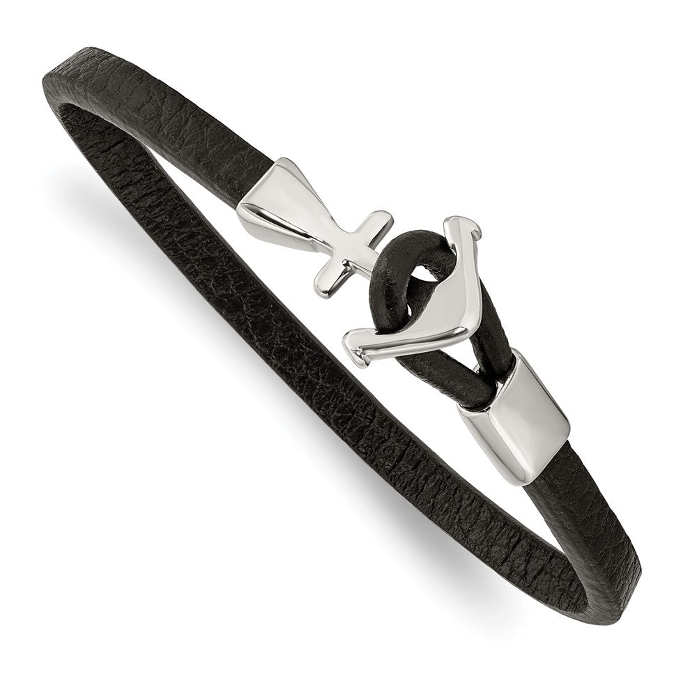 Stainless Steel Polished Anchor Black Leather 8in Bracelet 8 inches