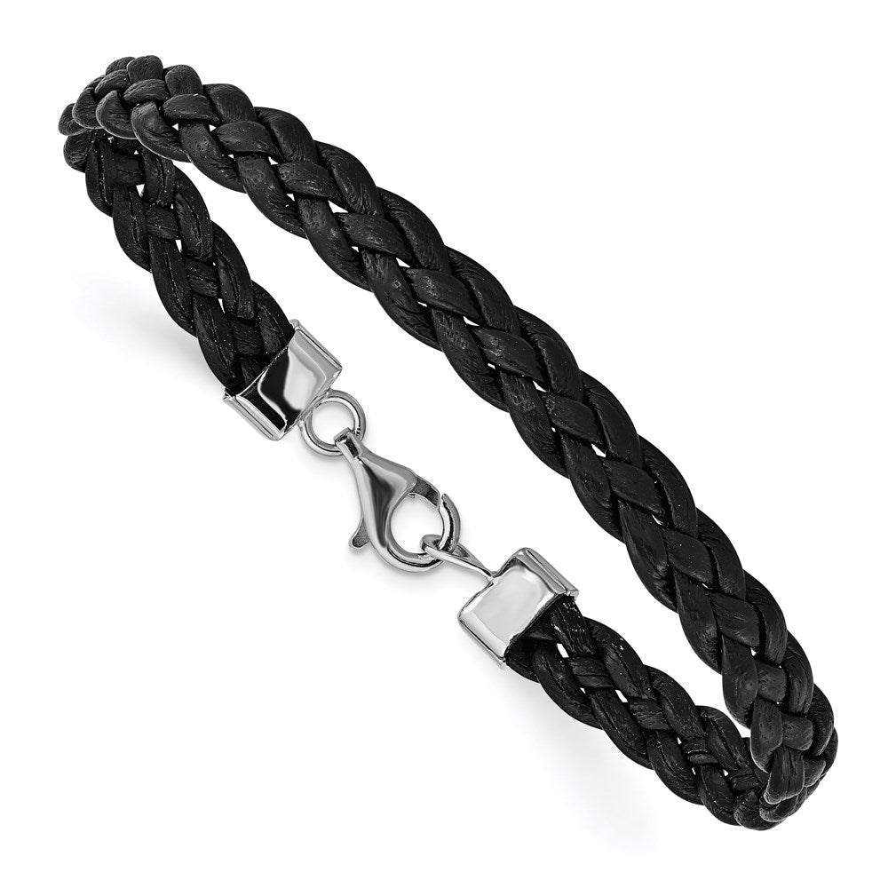 Sterling Silver Rhodium-plated Black Braided Leather Bracelet 7 inches
