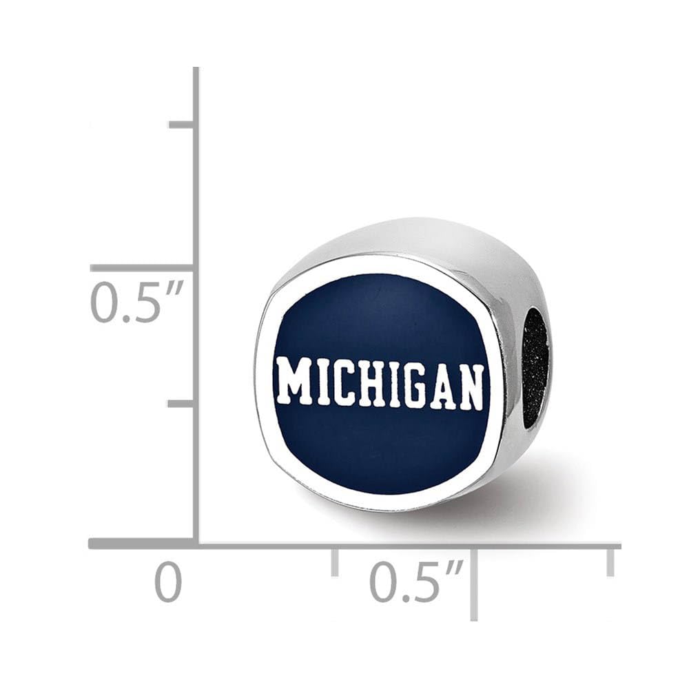 Sterling Silver Rhodium Plated U of Michigan Enamel Cushion Bead Charm