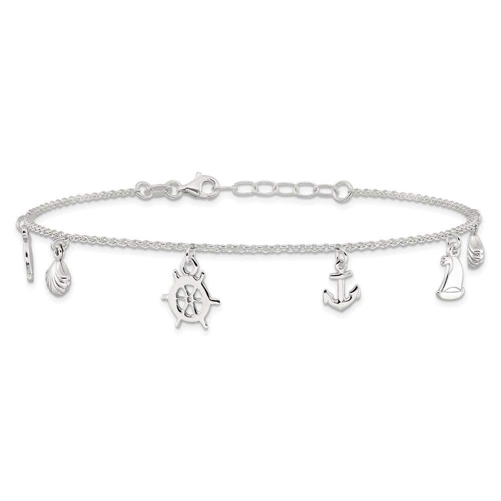 Sterling Silver Polished Ocean Theme 9in Plus 1in Ext. Anklet 9 inches