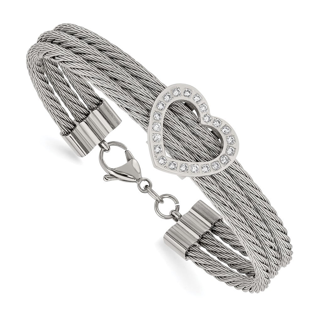 Stainless Steel Polished Heart w/CZ 7.5in Bracelet 7.25 inches