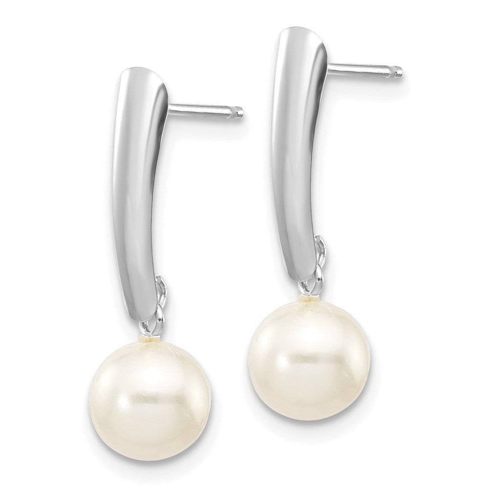 10K White Gold 6-7mm Round White Freshwater Cultured Pearl Post Dangle Earrings
