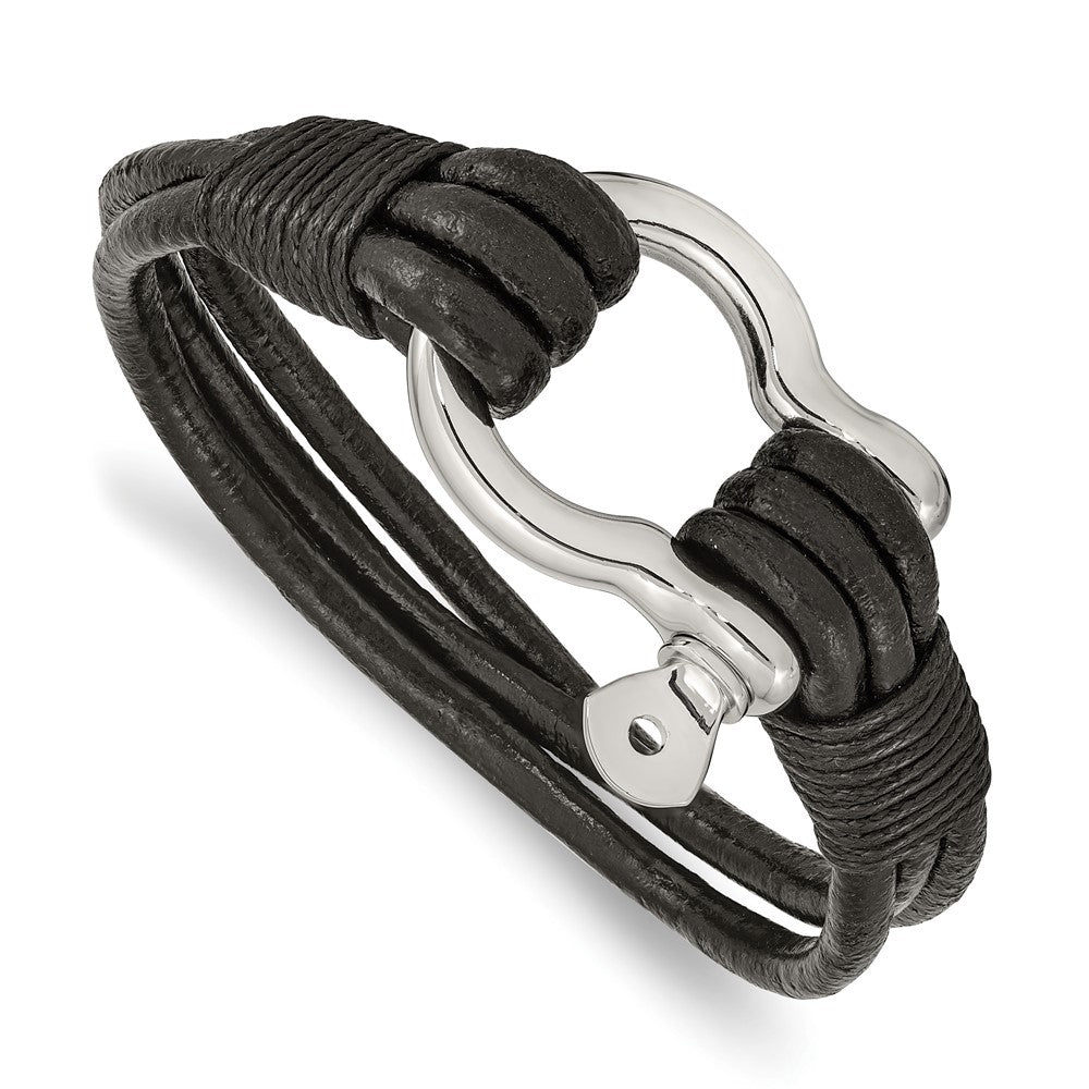 Stainless Steel Polished Black Leather Multi Strand 8.5in Shackle Bracelet 8.5 inches