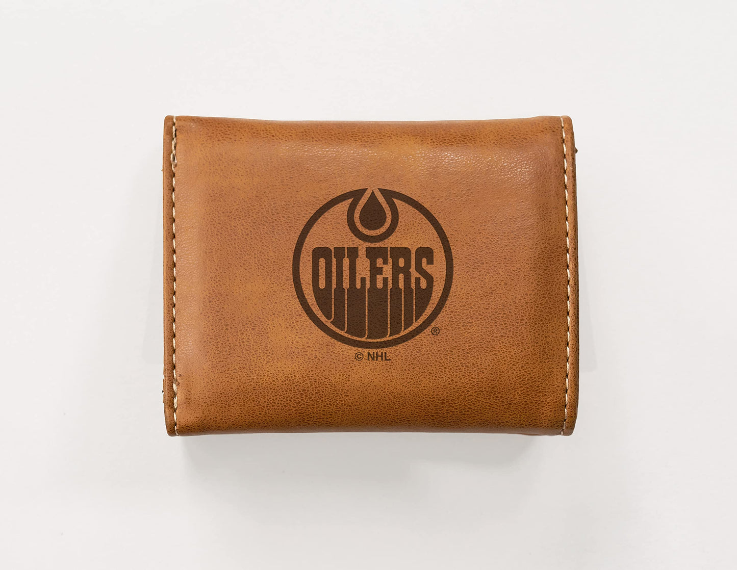 Hockey Rico Industries Edmonton Oilers Brown Laser Engraved Trifold Laser Engraved Tri-Fold Wallet - Men's Accessory