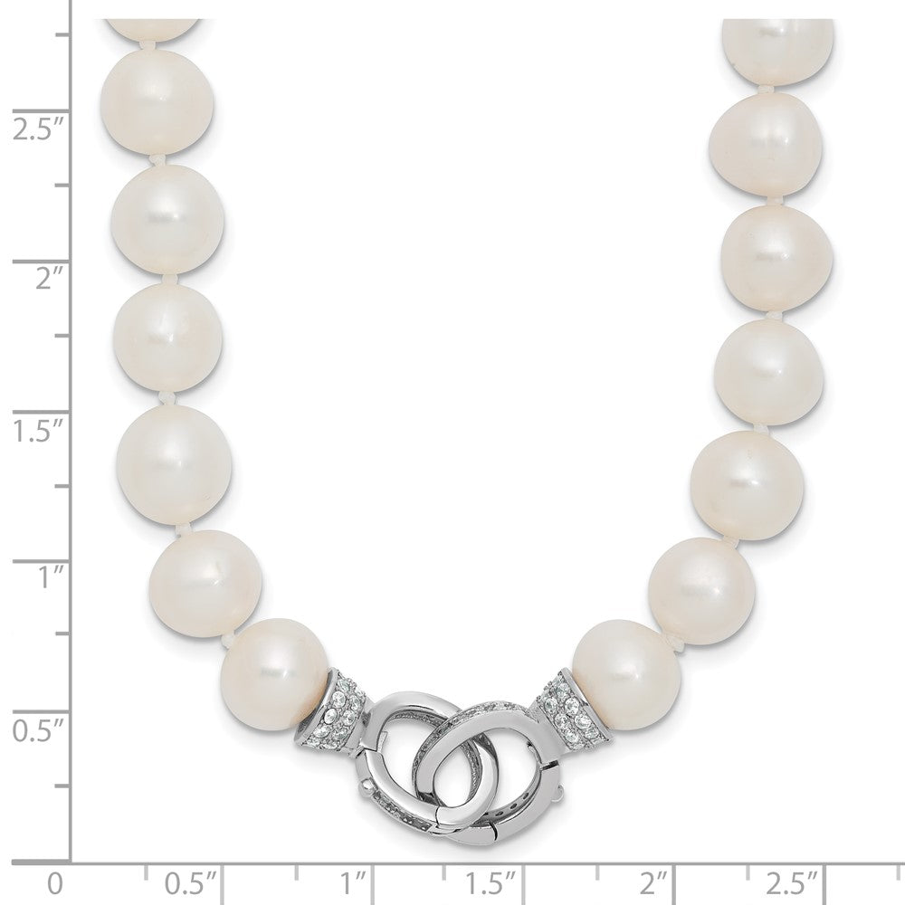 Sterling Silver Rhodium-plated 9-10mm White Near-Round Freshwater Cultured Pearl and CZ Clasp Adjustable 18 inch Necklace 18 Inches