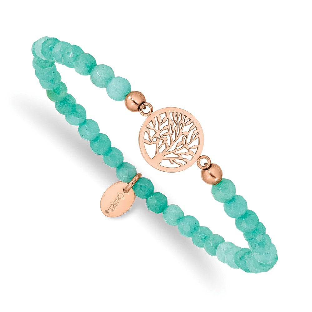 Stainless Steel Polished Rose IP Tree of Life Mint Jade Stretch Bracelet 6.5 inches