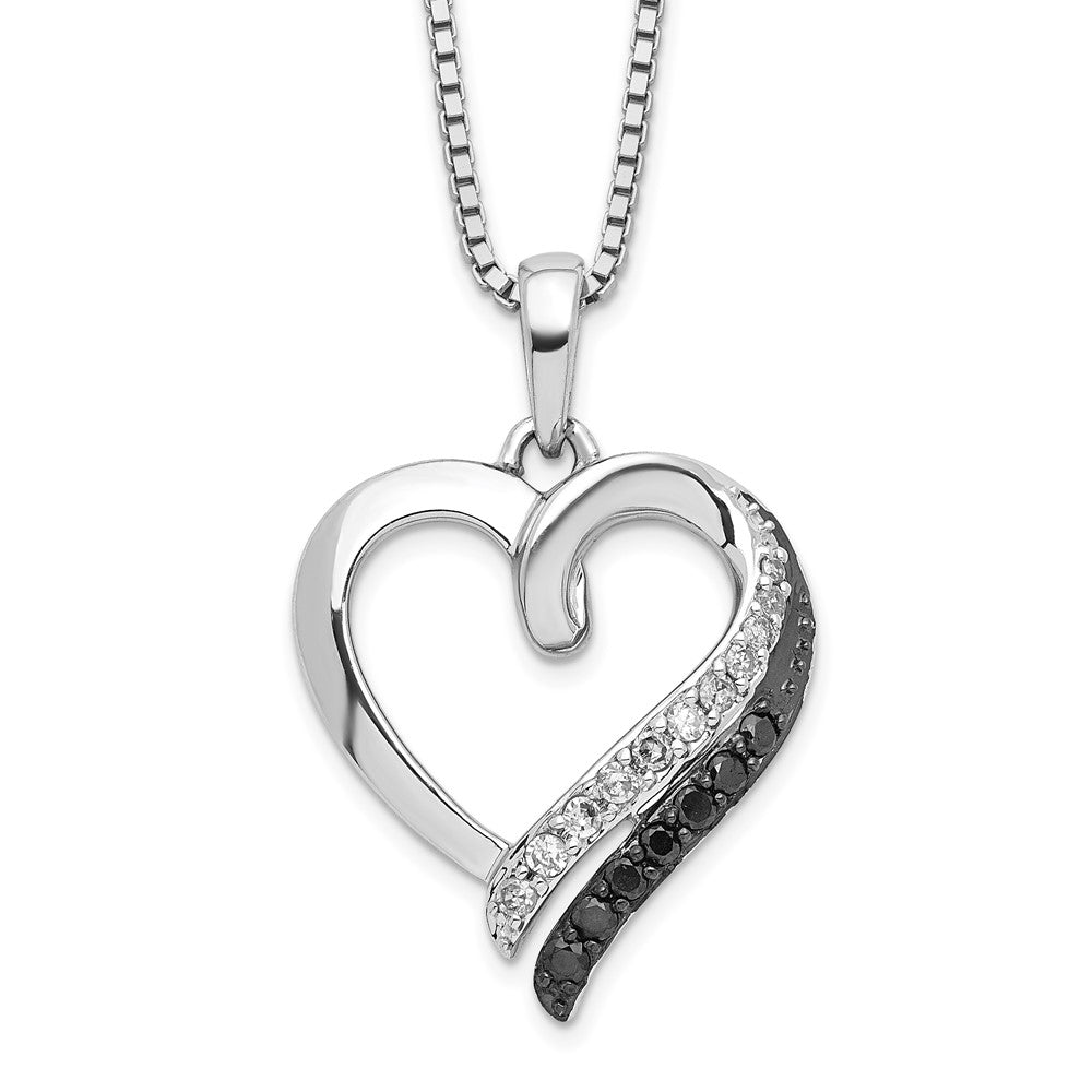 White Night Sterling Silver Rhodium-plated Black and White Diamond Heart Necklace with 2 Inch Extender 18 Inches