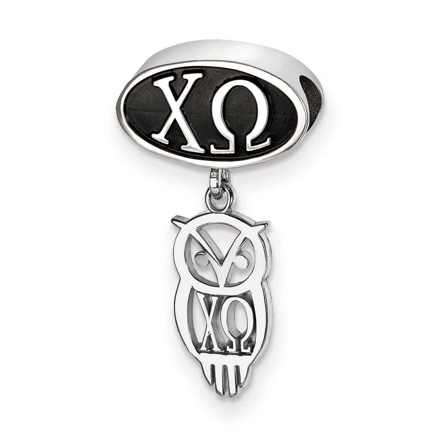 Sterling Silver LogoArt Chi Omega Sorority Greek Letters Enameled Oval with Owl Dangle Bead
