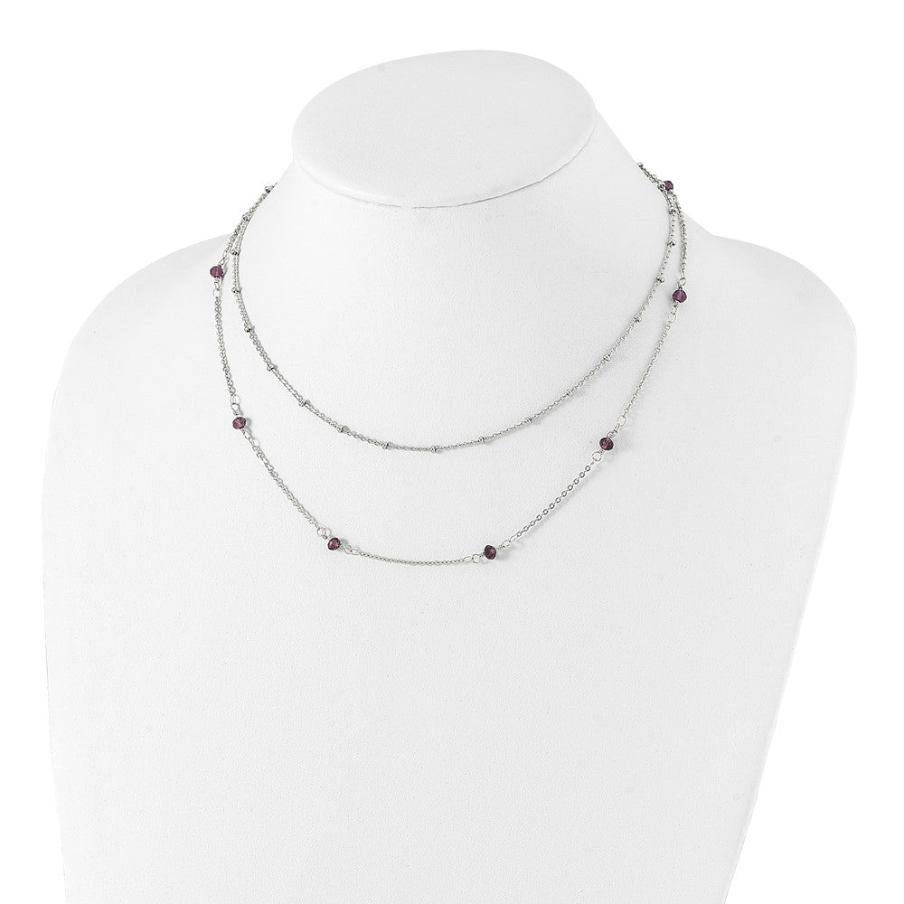 Stainless Steel Polished 2-Strand Purple Crystal Beaded w/1in ext. Necklace