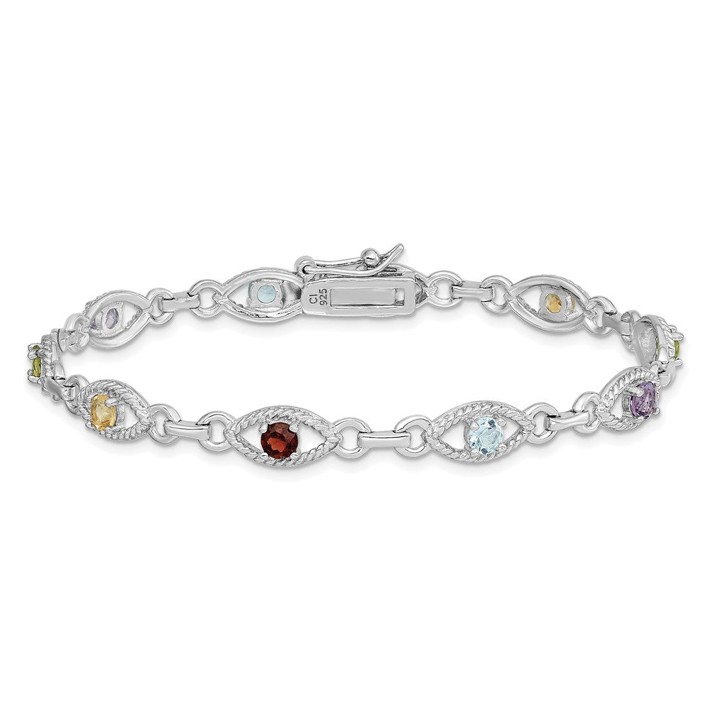 Sterling Silver 7in Rhod Plated Multicolored Gemstone Link Bracelet 7 inches
