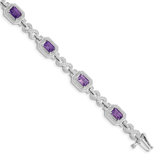 Sterling Silver Rhodium-plated Diamond & Amethyst Bracelet 7 inches