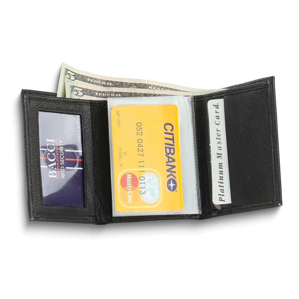 Black Leather RFID Blocking 5-Slot Trifold Wallet with ID Window and Photo Inserts