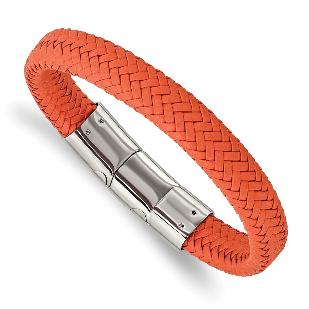 Stainless Steel Polished Orange Woven Leather 8in w/.5in ext Bracelet 8 inches