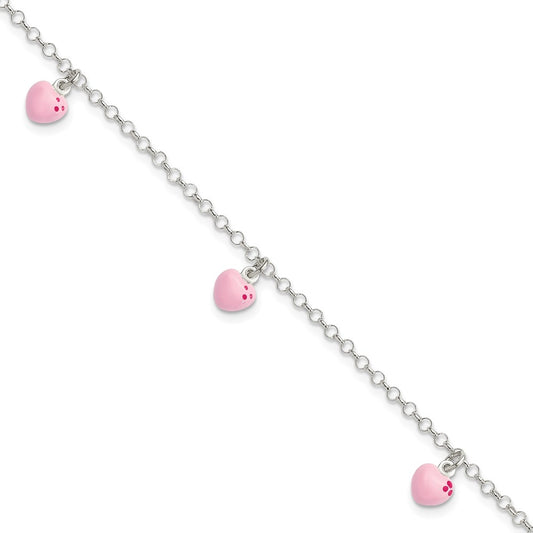 Sterling Silver Polished Pink Enameled Hearts Children's Bracelet 6 inches