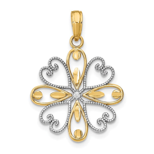 14K w/Rhodium Beaded Heart Petals Flower Charm