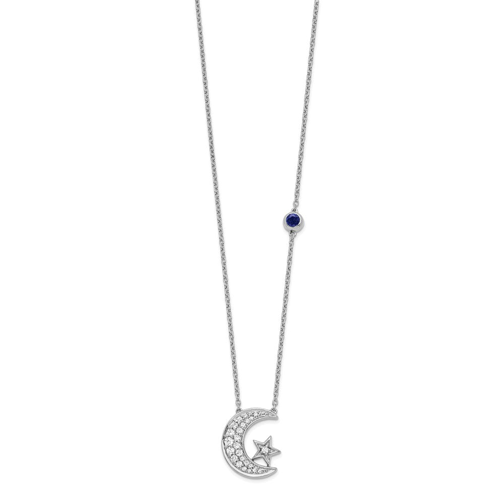 14k White Gold 1/5 carat Lab Grown Diamond VS/SI+ G+ Moon and Star with Created Sapphire Accent 18 inch Necklace