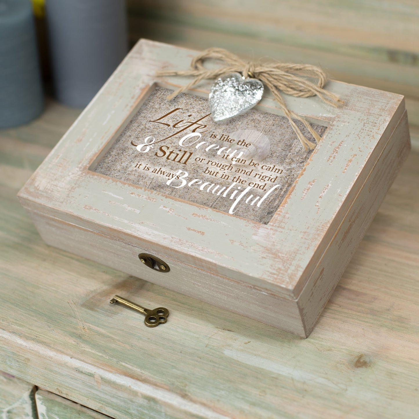 Cottage Garden Life Like Ocean Beautiful Calm Still Ivory Distressed Jewelry Music Box Plays Wonderful World