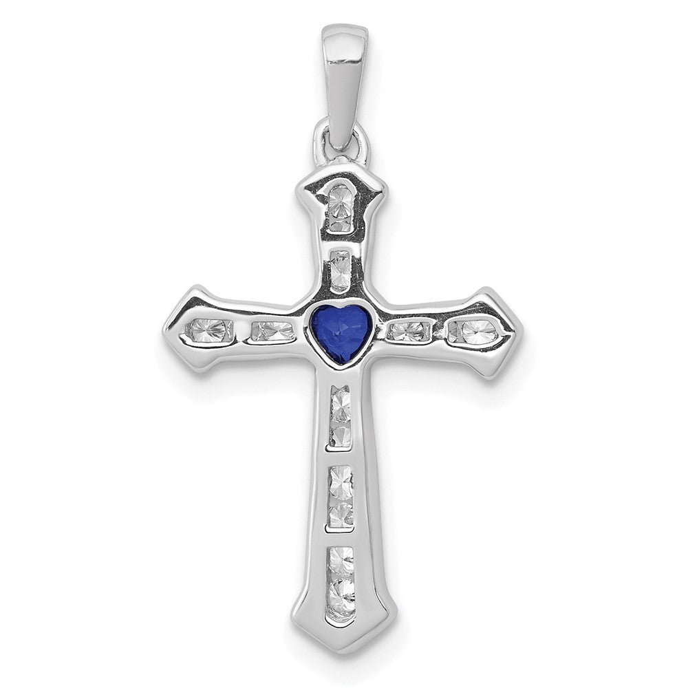 14k White Gold 1/5 carat Lab Grown Diamond VS/SI+ G+ and Lab Created Blue Sapphire Cross Pendant