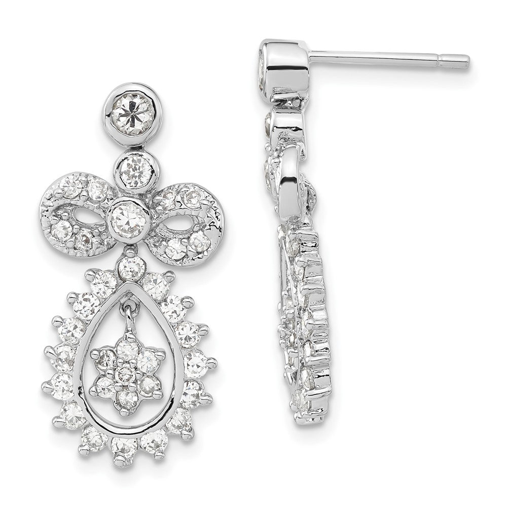Sterling Silver Rhodium-plated CZ Bow Teardrop Post Dangle Earrings
