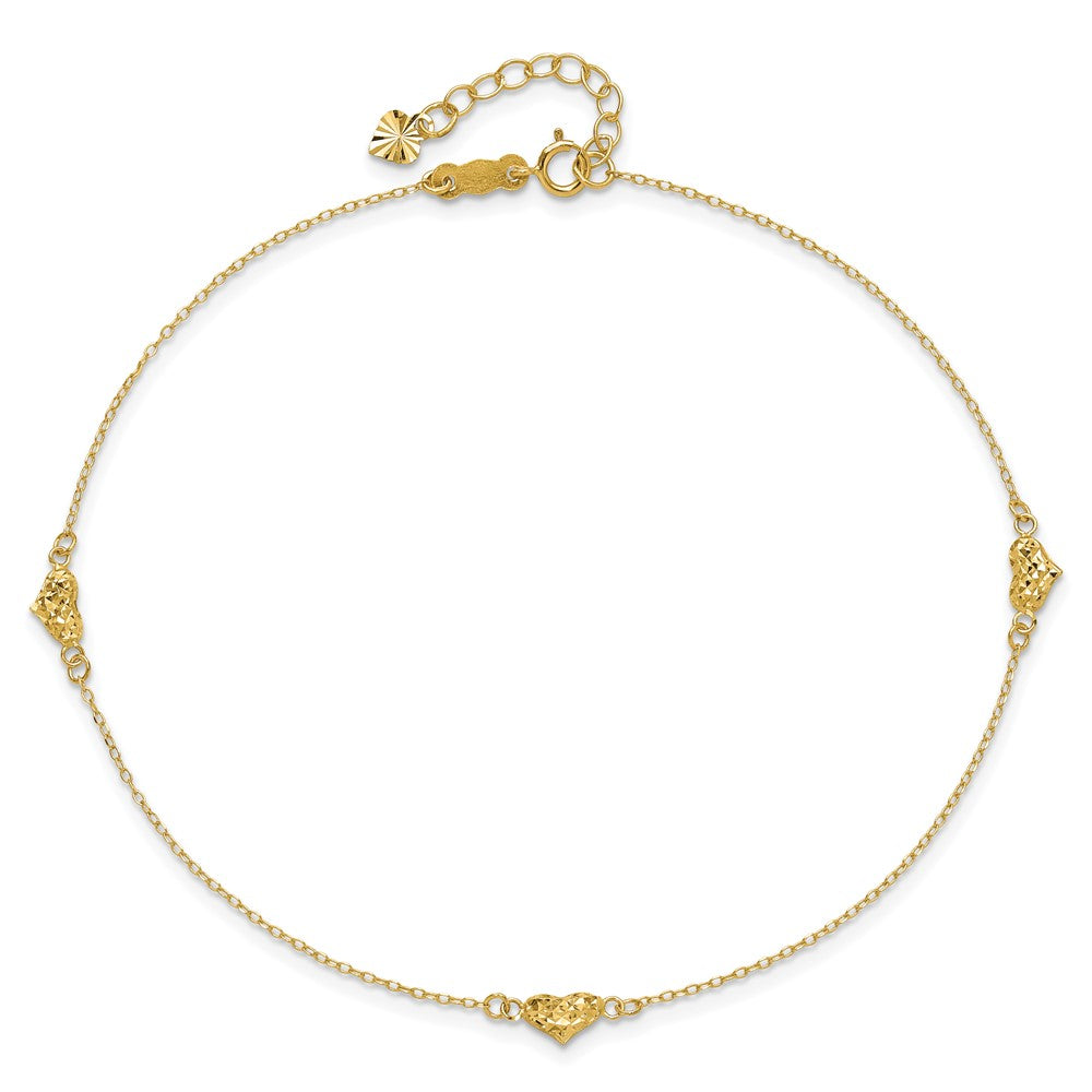 14k Polished Diamond-cut Triple Puffed Hearts 9in Plus 1in. Ext. Anklet 9 inches