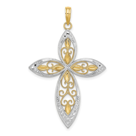 14K W/ Rhodium Beaded Filigree Cross Charm