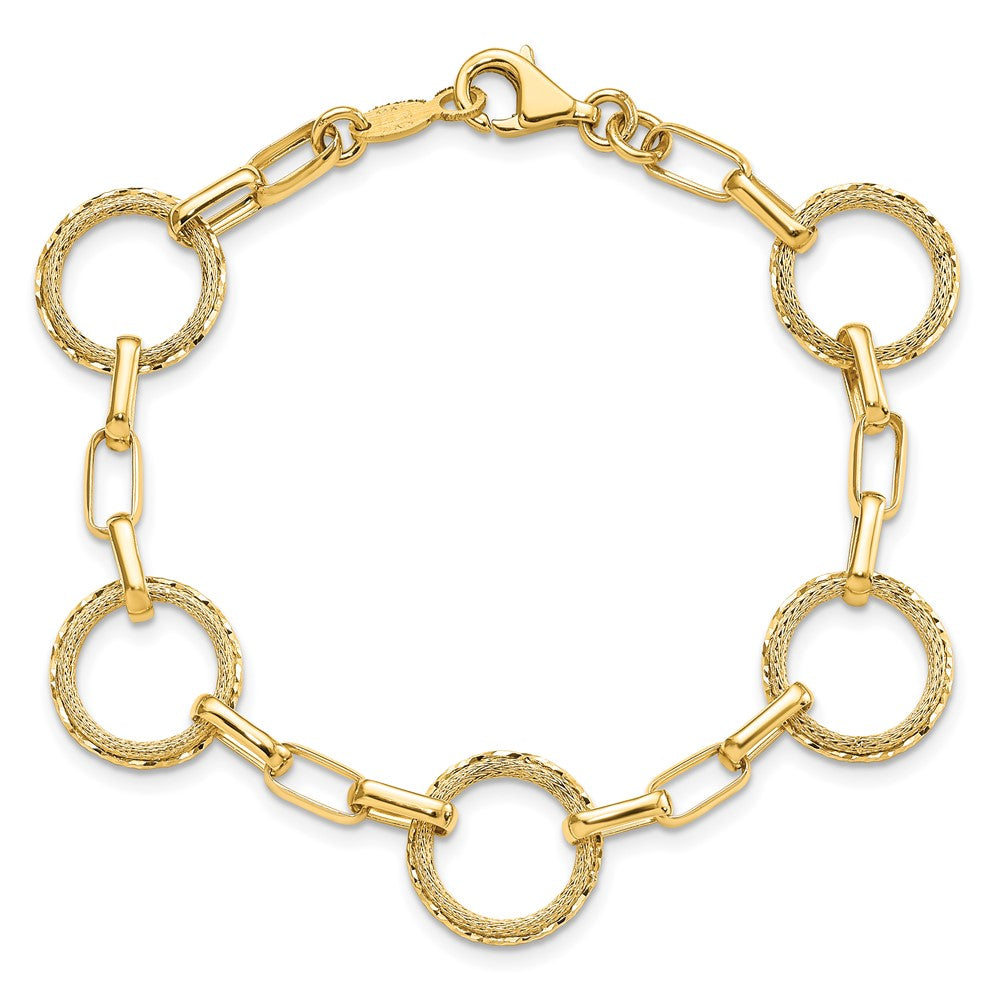 14K Polished/Dia-cut/Textured Circles Fancy Link Bracelet 7  inches