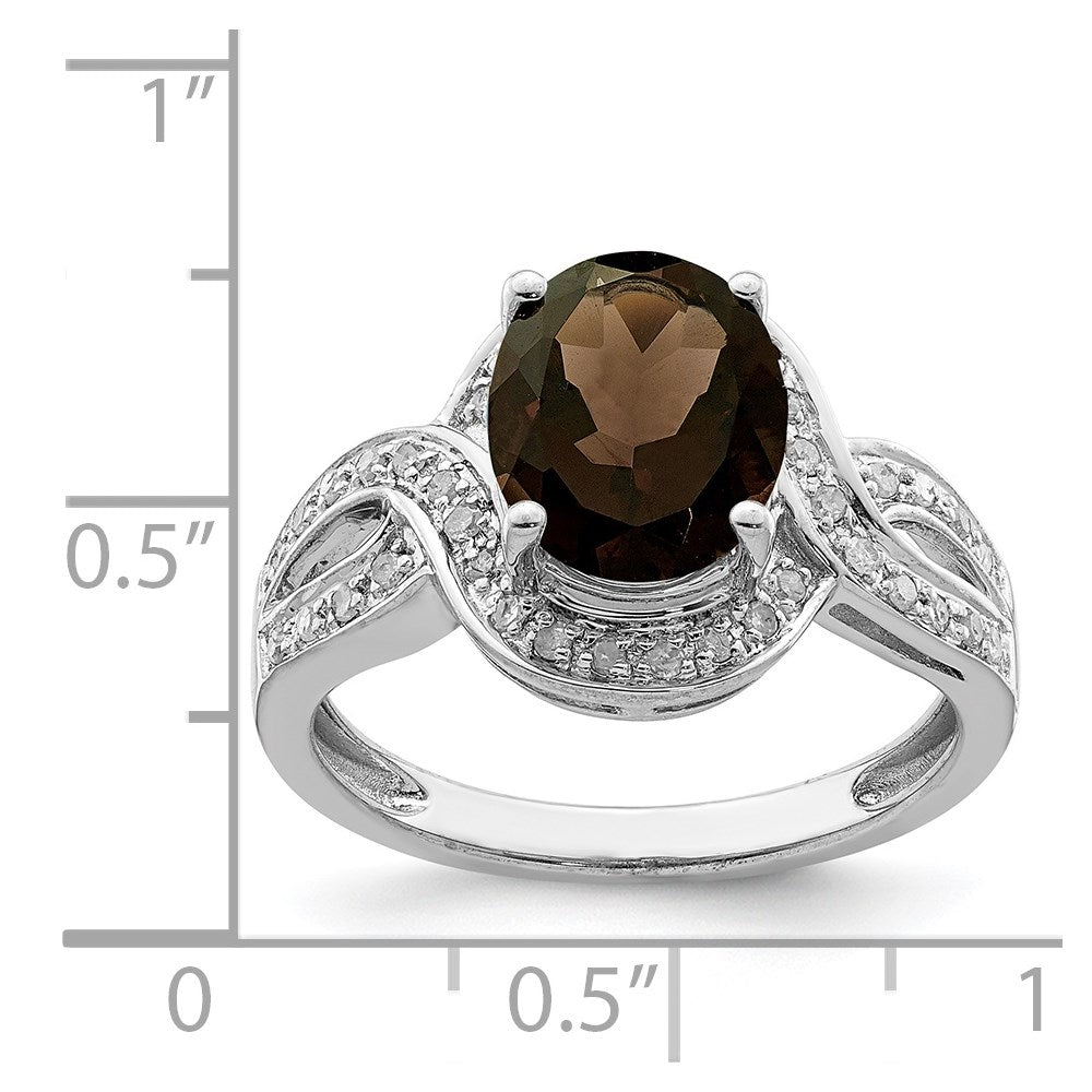 Sterling Silver Rhodium Diam. & Oval Checker-Cut Smoky Quartz Ring