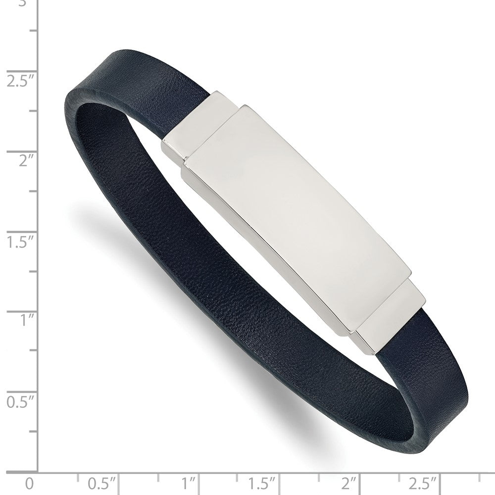 Stainless Steel Polished Navy Blue Leather 8.5in ID Bracelet 8.5 inches