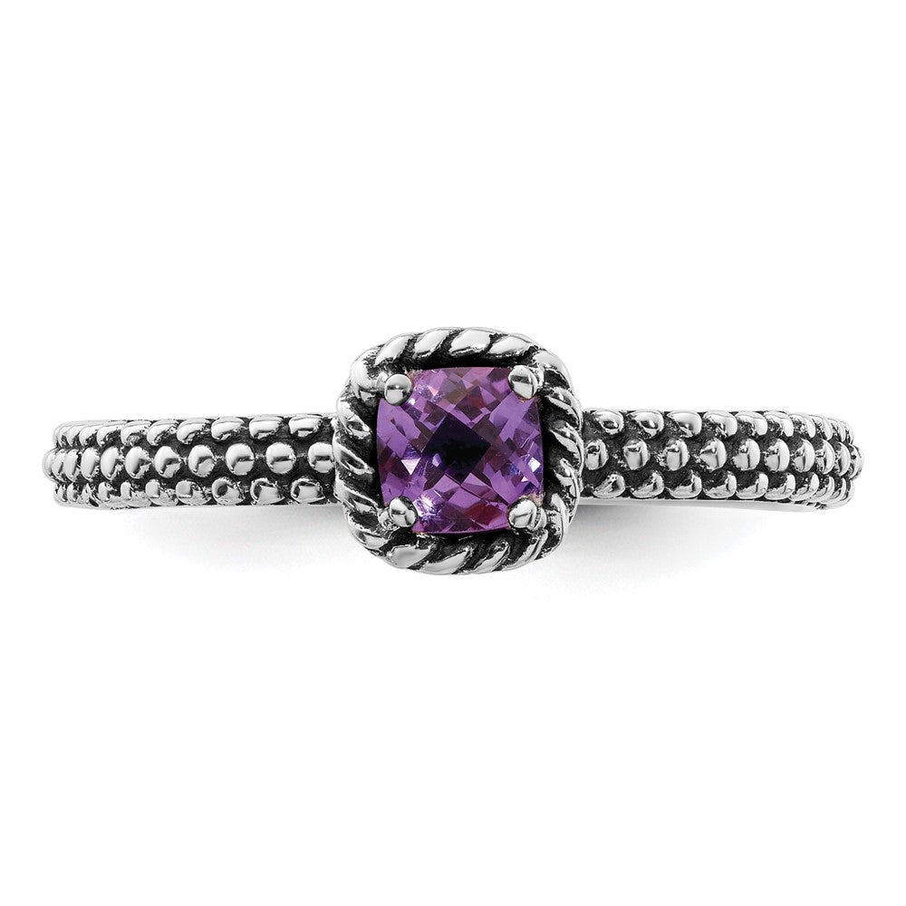 Sterling Silver Stackable Expressions Checker-cut Amethyst Antiqued Ring Size -6