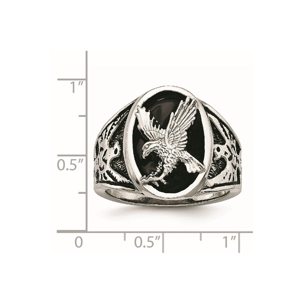 Stainless Steel Polished and Textured Enameled Eagle Ring Size - 12
