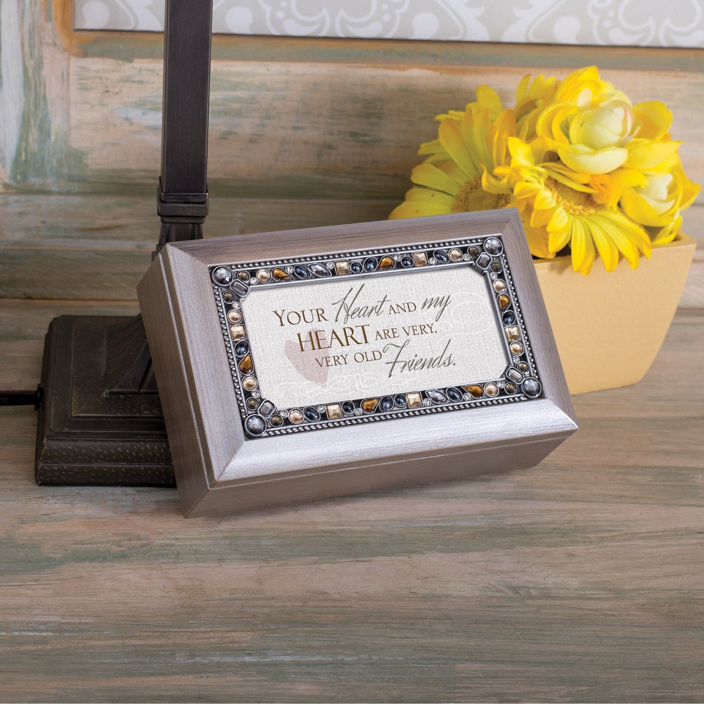Jeweled Woodgrain Resin OLD FRIENDS Sentiment Music Box (Plays Wind Beneath My Wings) QGM18612