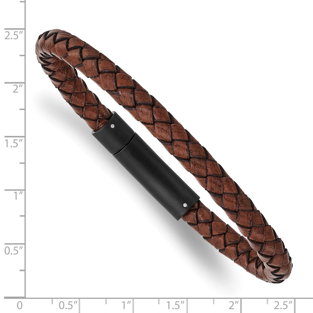 Stainless Steel Brushed Black IP-plated Brown Leather 8.25in Bracelet 8.25 inches