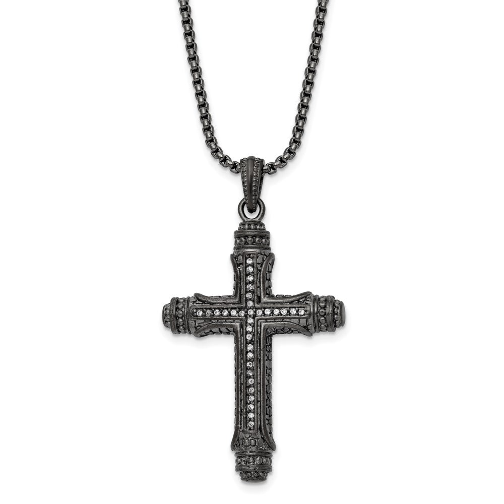 Stainless Steel Brushed & Polished Gun Metal IP CZ Cross Necklace