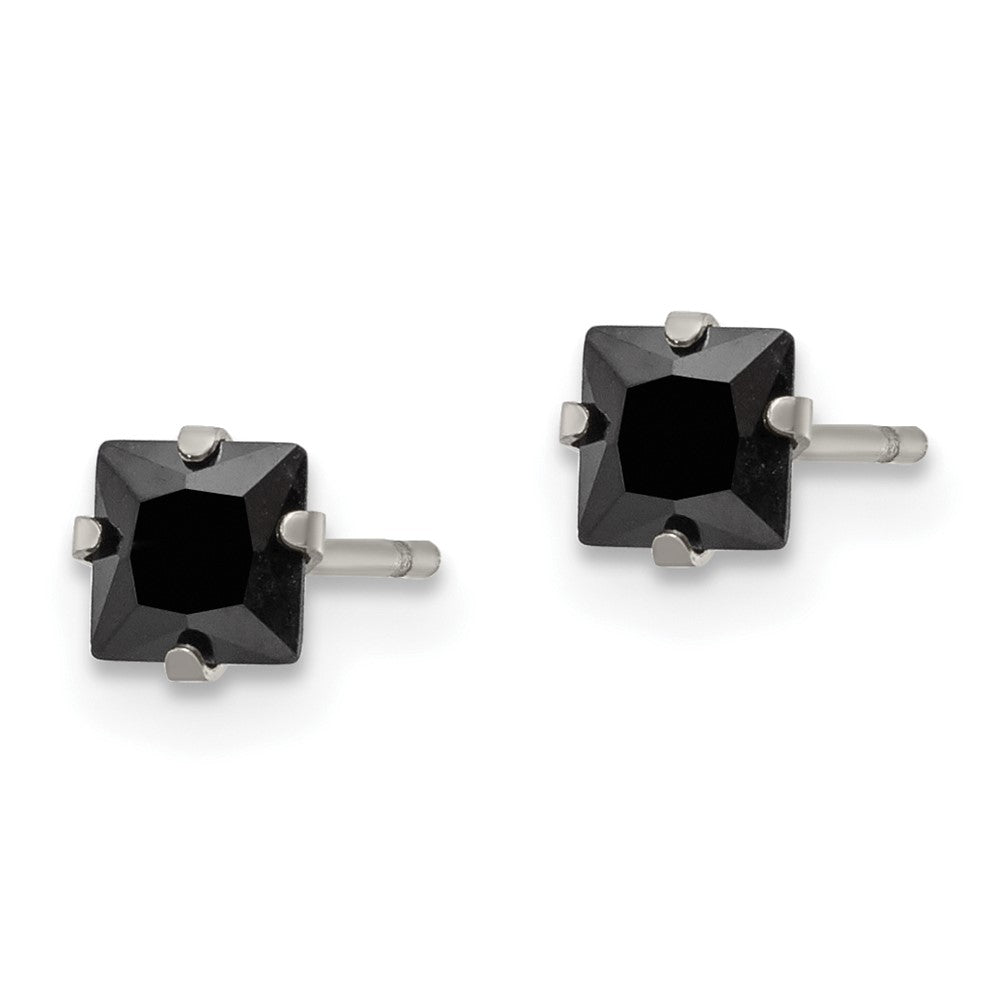 Stainless Steel Polished 4mm Black Square CZ Stud Post Earrings