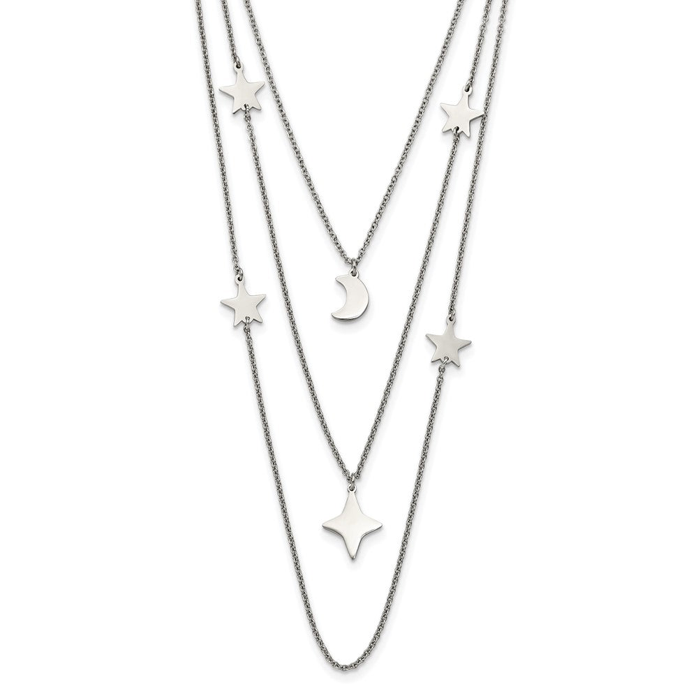 Stainless Steel Polished Stars & Moon Multi Strand w/1.75in ext Necklace