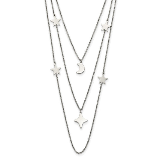 Stainless Steel Polished Stars & Moon Multi Strand w/1.75in ext Necklace