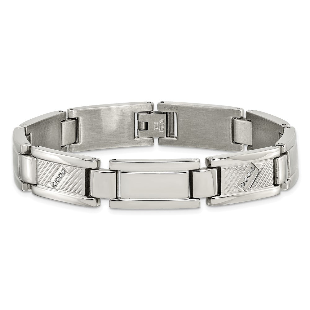 Stainless Steel Polished and Textured w/Diamonds 8.5in Bracelet 8.5 inches