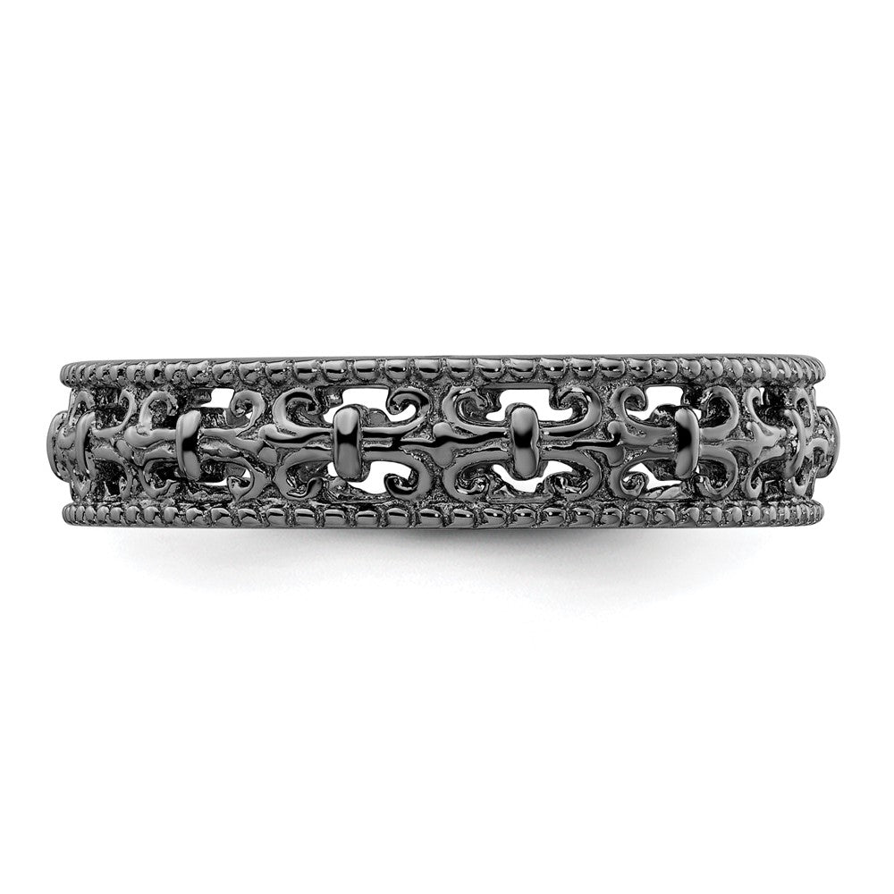 Sterling Silver Stackable Expressions Black-plated Carved Band Size -9